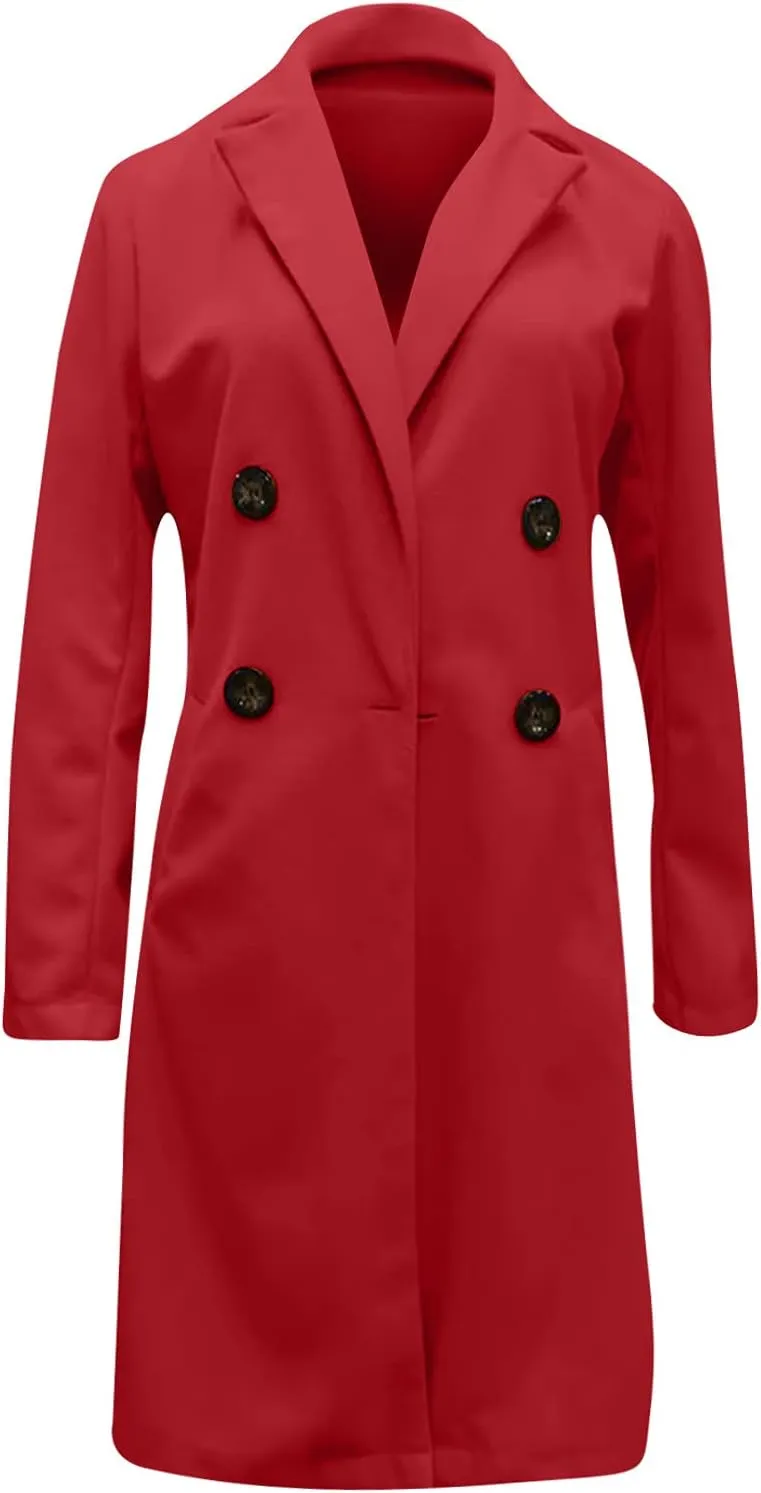 Womens Double Breasted Long Blazers Fall Lapel Suit Jackets Winter Warm Outwear Casual Work Office Cardigan Coats