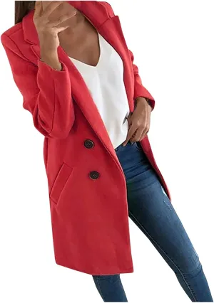 Womens Double Breasted Long Blazers Fall Lapel Suit Jackets Winter Warm Outwear Casual Work Office Cardigan Coats