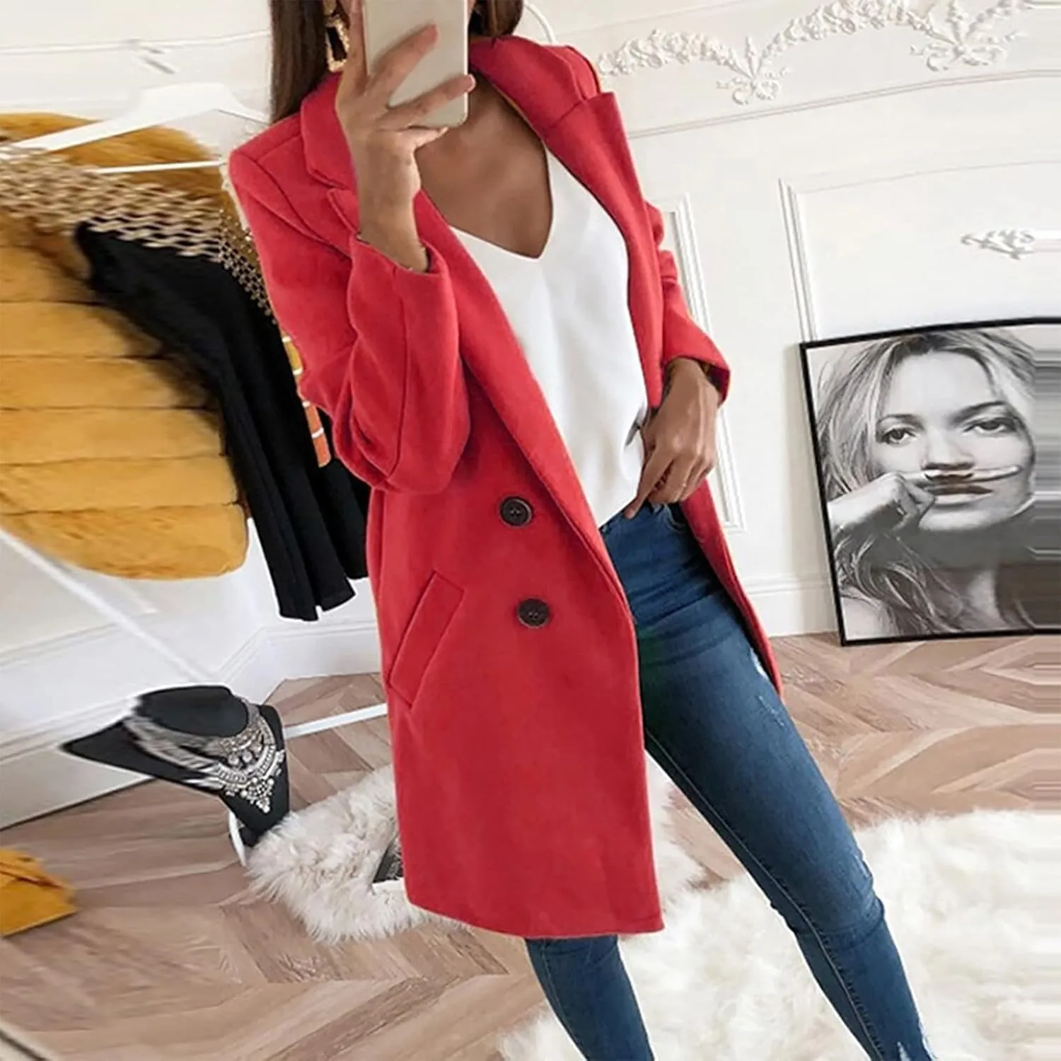 Womens Double Breasted Long Blazers Fall Lapel Suit Jackets Winter Warm Outwear Casual Work Office Cardigan Coats