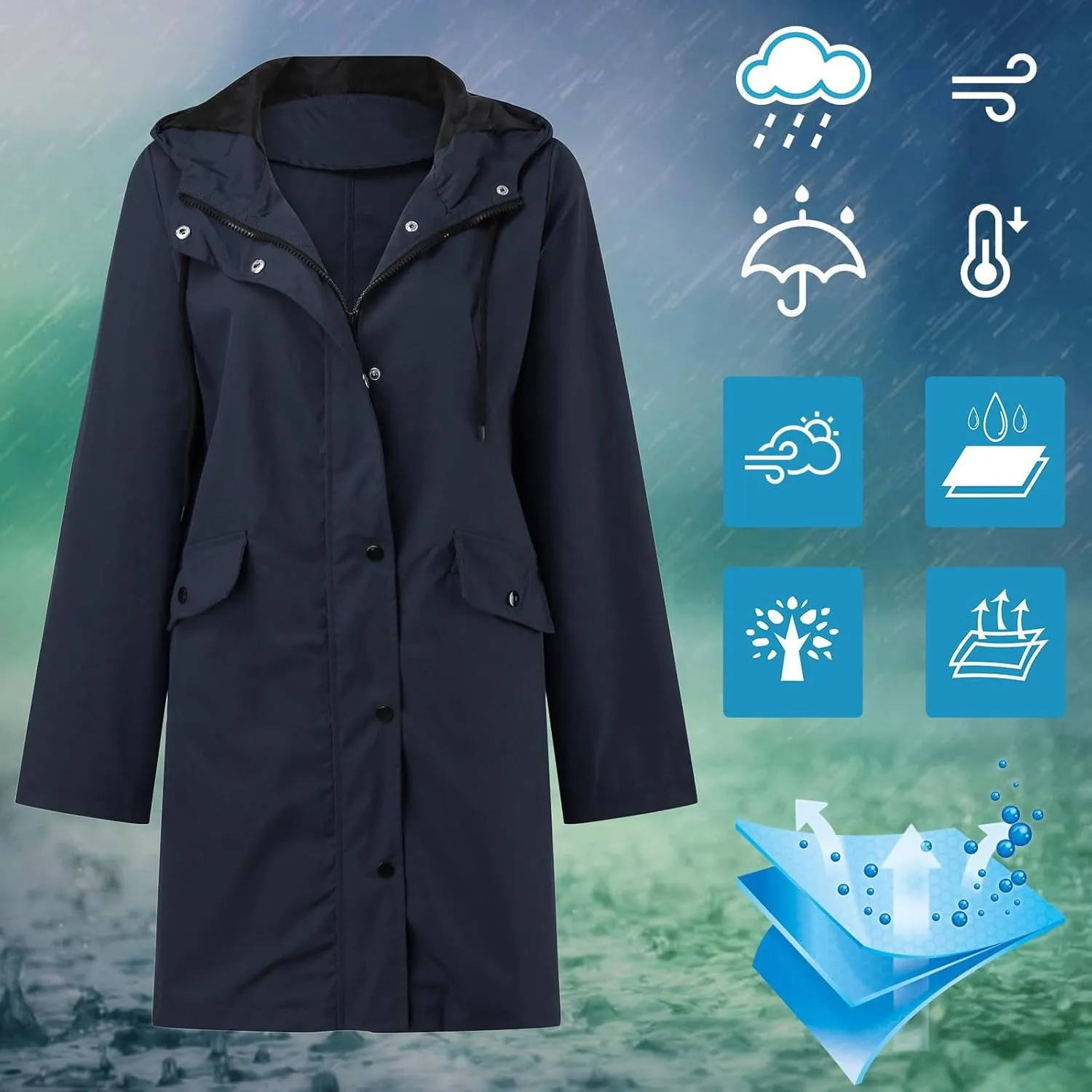 Women's Double-breasted Notch Lapel Peacoat Long Sleeve Wool Blend Coat Mid-Length Thicken Warm Outwear