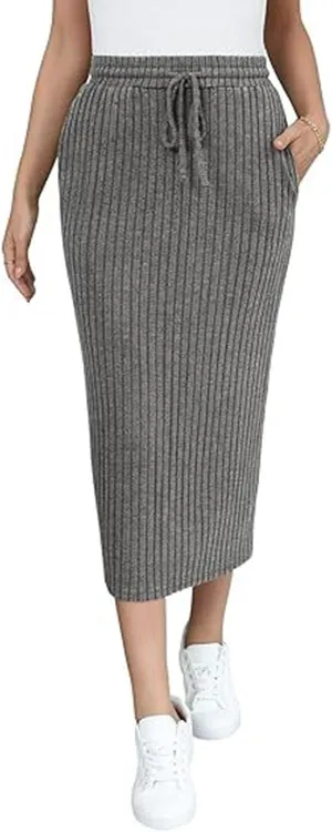Womens Elegant Bodycon Dress Ribbed Knit Sweater Skirts Drawstring Elastic High Waist Stretchy Midi Casual Skirt