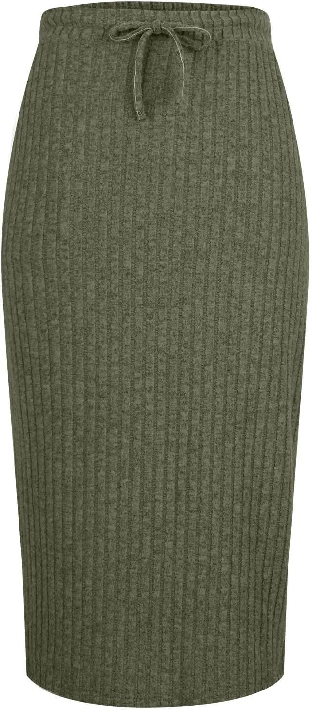Womens Elegant Bodycon Dress Ribbed Knit Sweater Skirts Drawstring Elastic High Waist Stretchy Midi Casual Skirt