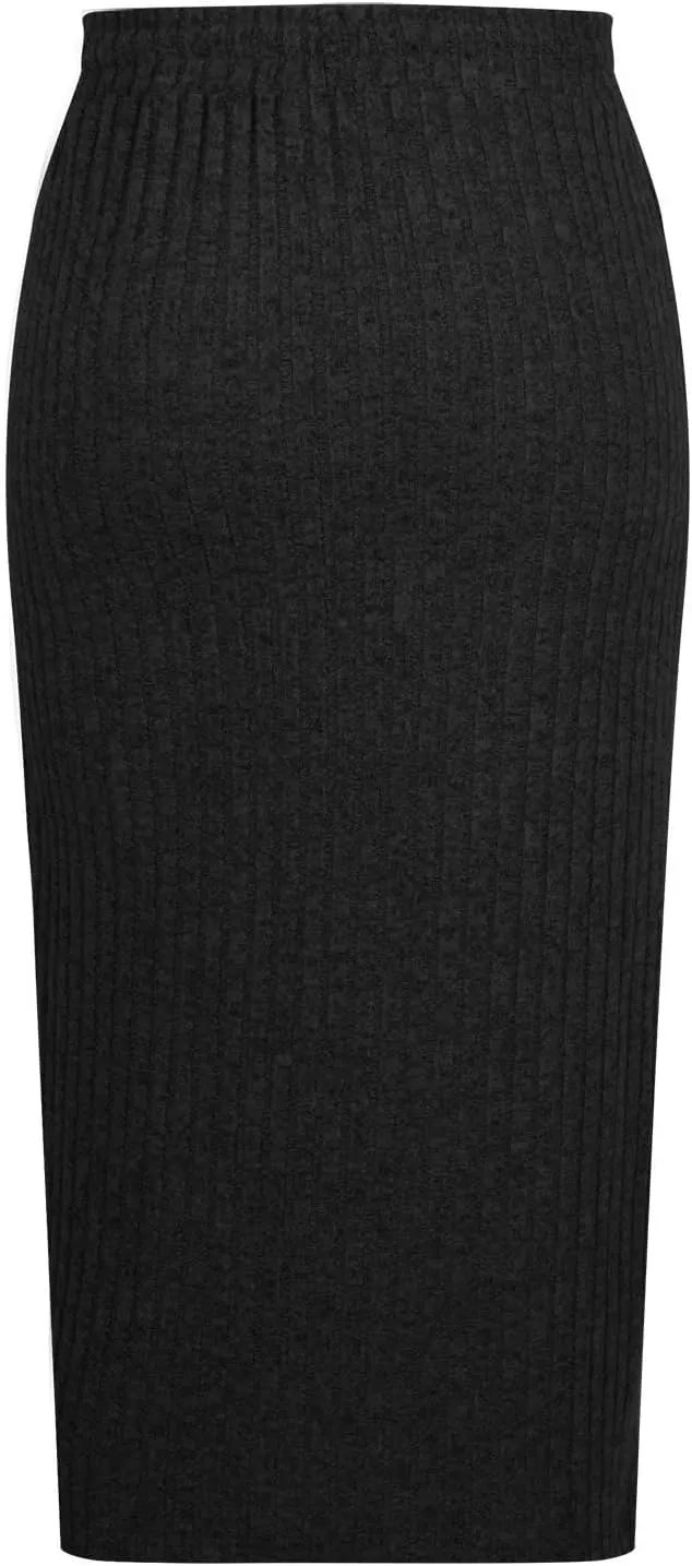 Womens Elegant Bodycon Dress Ribbed Knit Sweater Skirts Drawstring Elastic High Waist Stretchy Midi Casual Skirt