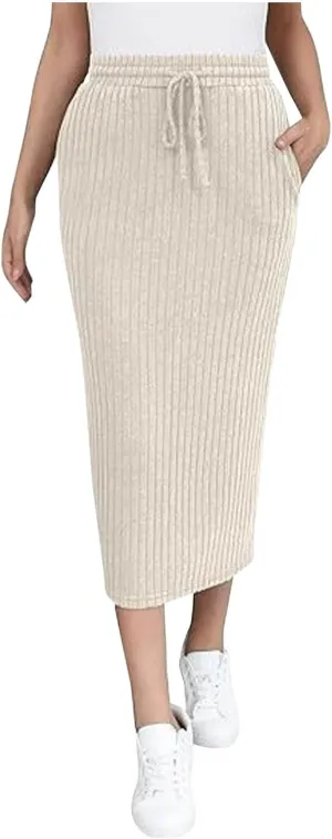 Womens Elegant Bodycon Dress Ribbed Knit Sweater Skirts Drawstring Elastic High Waist Stretchy Midi Casual Skirt