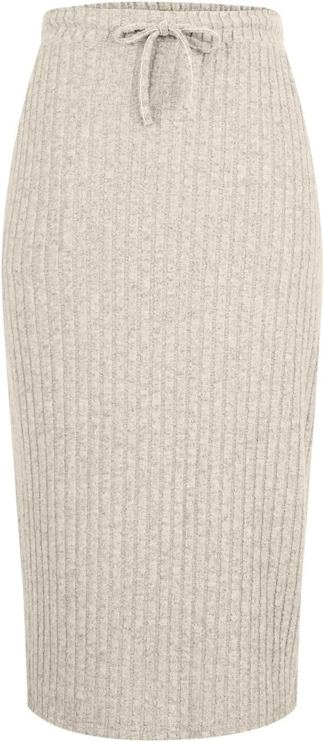 Womens Elegant Bodycon Dress Ribbed Knit Sweater Skirts Drawstring Elastic High Waist Stretchy Midi Casual Skirt