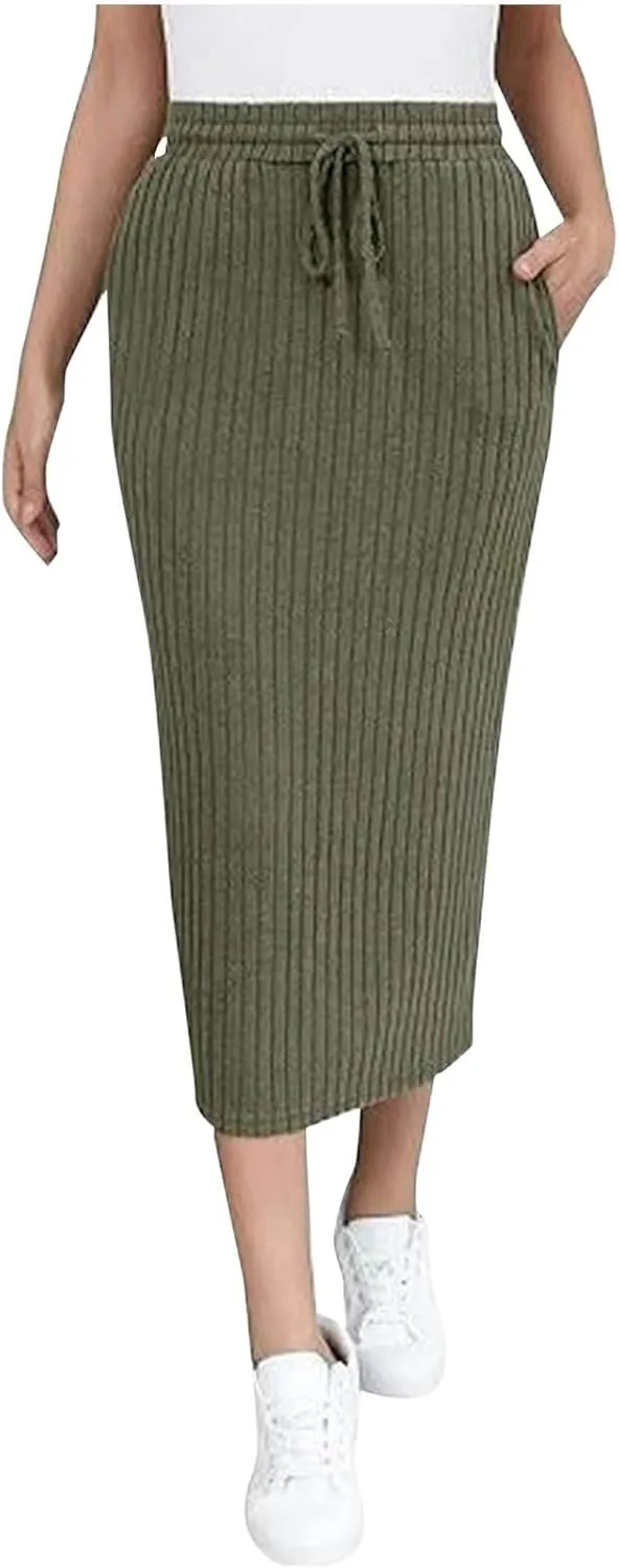 Womens Elegant Bodycon Dress Ribbed Knit Sweater Skirts Drawstring Elastic High Waist Stretchy Midi Casual Skirt