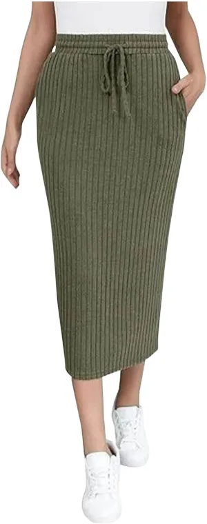 Womens Elegant Bodycon Dress Ribbed Knit Sweater Skirts Drawstring Elastic High Waist Stretchy Midi Casual Skirt
