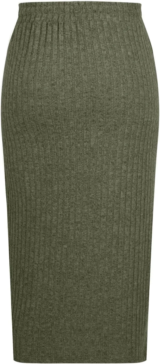 Womens Elegant Bodycon Dress Ribbed Knit Sweater Skirts Drawstring Elastic High Waist Stretchy Midi Casual Skirt