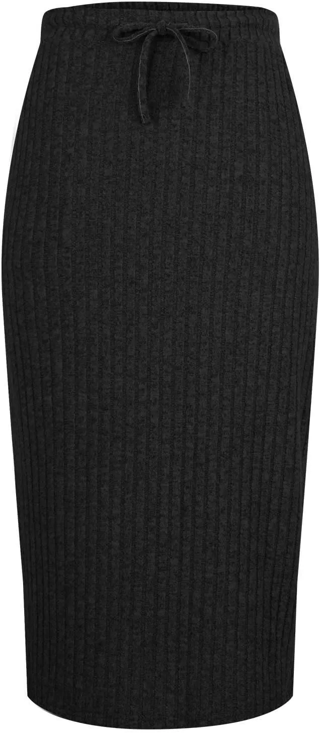 Womens Elegant Bodycon Dress Ribbed Knit Sweater Skirts Drawstring Elastic High Waist Stretchy Midi Casual Skirt