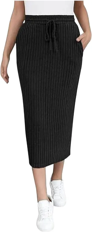 Womens Elegant Bodycon Dress Ribbed Knit Sweater Skirts Drawstring Elastic High Waist Stretchy Midi Casual Skirt