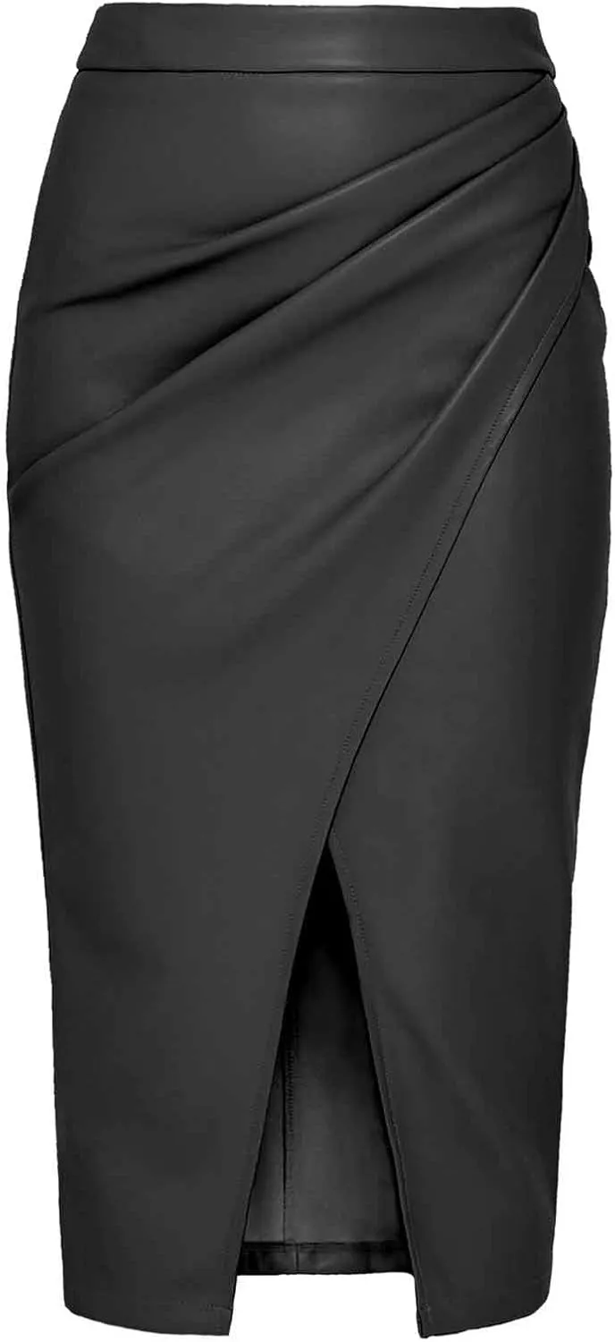 Womens Elegant Midi Skirt High Waisted Wrap Ruched Front Slit Zip Back Bodycon Leather Skirts Fashion Skirts 2025