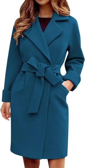 Women's Elegant Wool Blend Trench Coat Winter Outcoat Mid-Long Windproof Lapel Slim Pea Coats