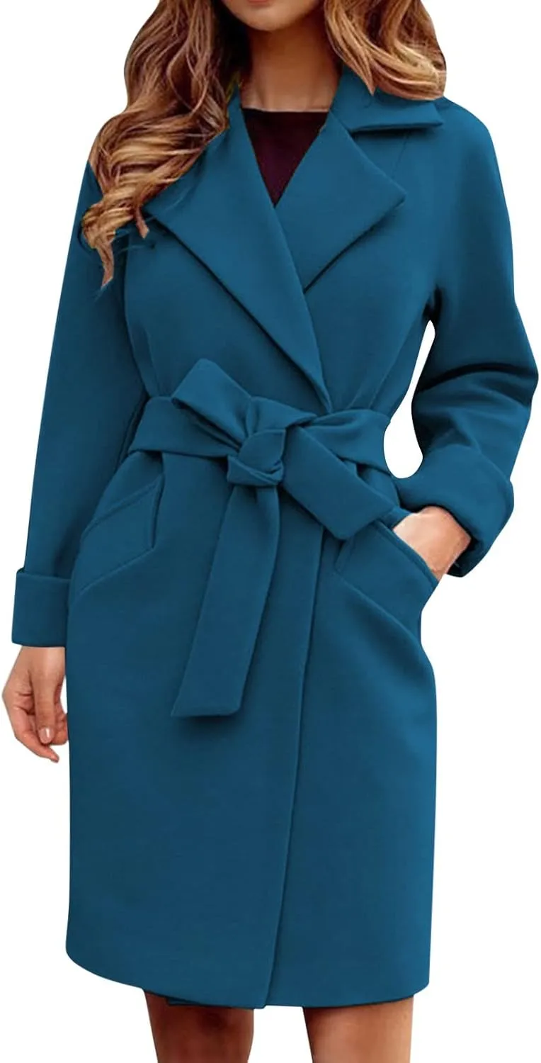 Women's Elegant Wool Blend Trench Coat Winter Outcoat Mid-Long Windproof Lapel Slim Pea Coats