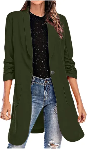 Womens Extra Long Blazer Jackets 3/4 Ruched Sleeve Casual Dressy Blazers Business Work Cardigan Trench Coats