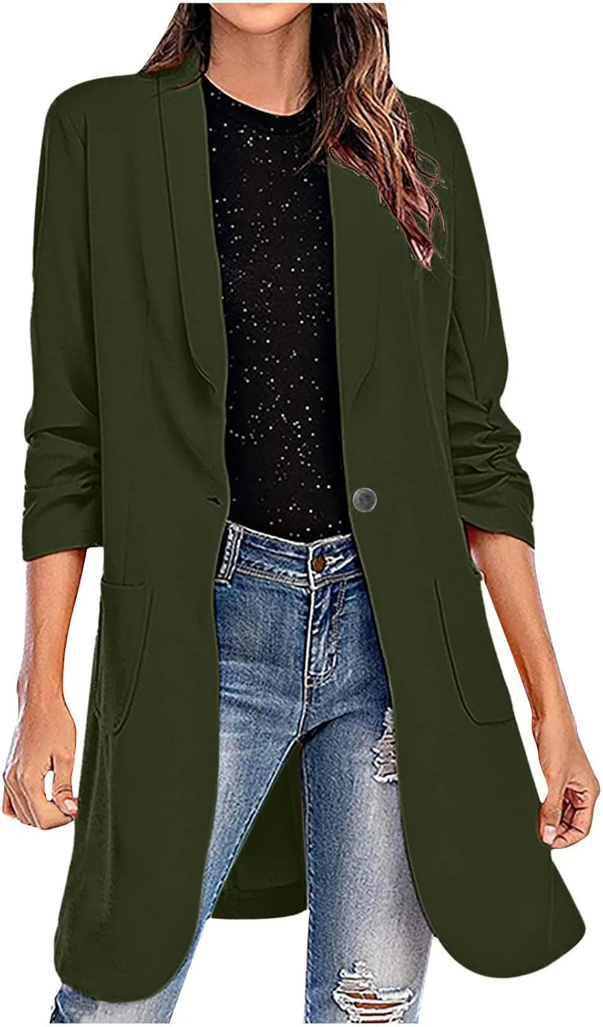 Womens Extra Long Blazer Jackets 3/4 Ruched Sleeve Casual Dressy Blazers Business Work Cardigan Trench Coats