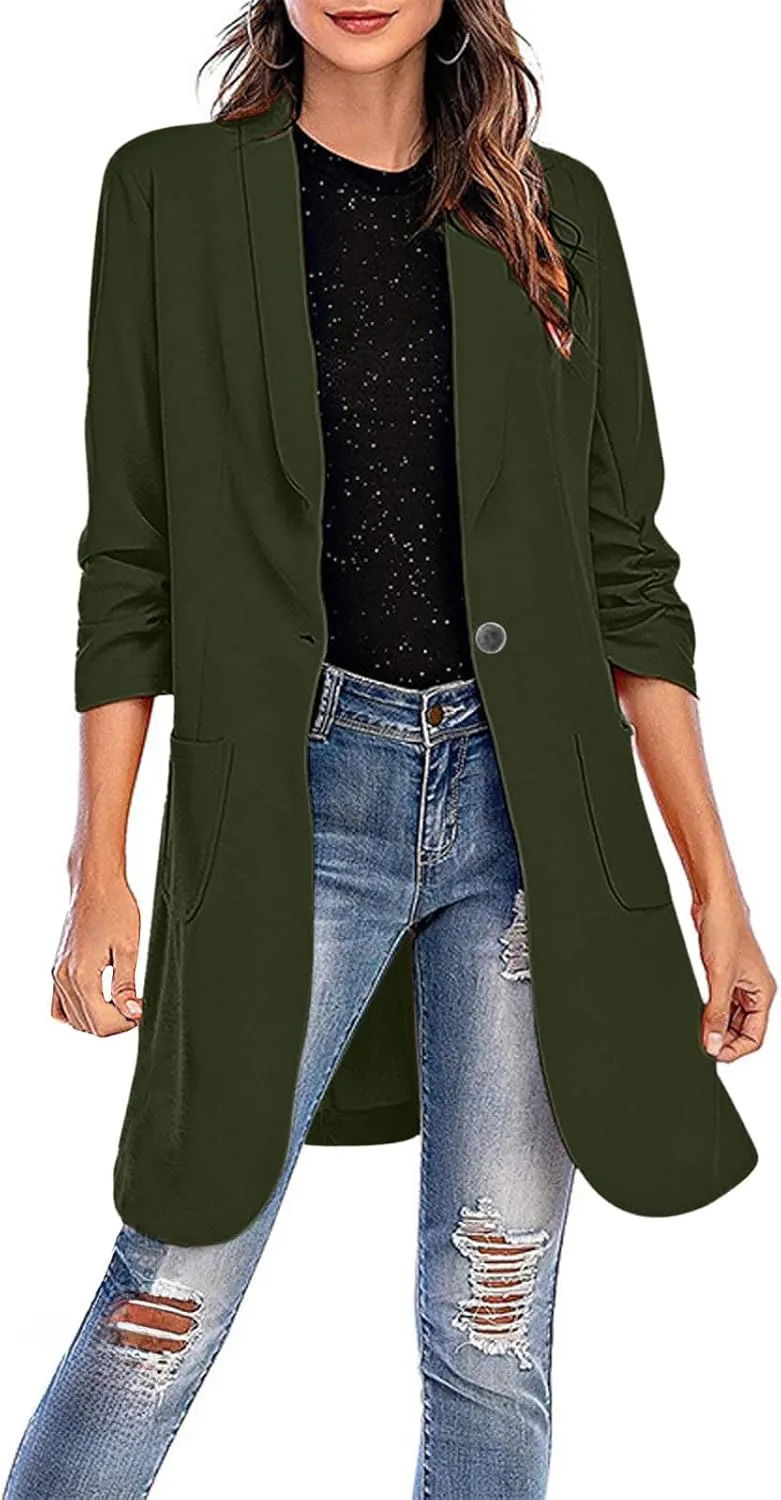 Womens Extra Long Blazer Jackets 3/4 Ruched Sleeve Casual Dressy Blazers Business Work Cardigan Trench Coats