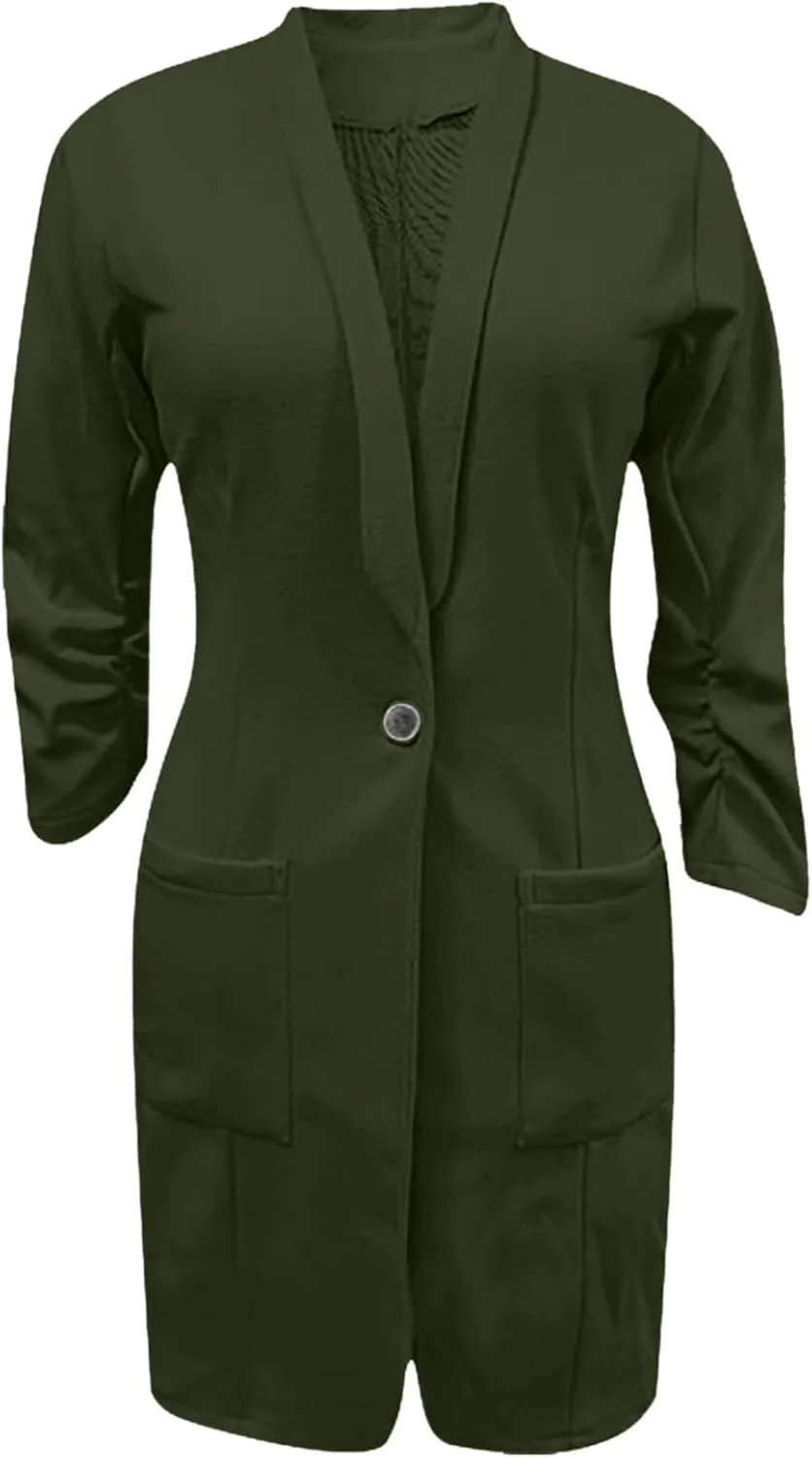 Womens Extra Long Blazer Jackets 3/4 Ruched Sleeve Casual Dressy Blazers Business Work Cardigan Trench Coats