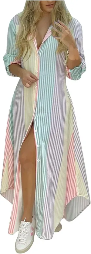 Women's Fall Dresses Sexy Print Button Down Shirt Dresses Long Sleeve Dress