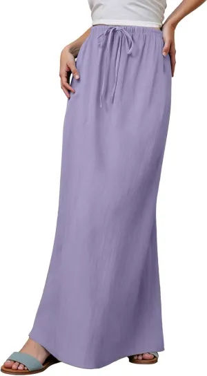 Womens Flared Maxi Skirt Summer Lightweight Drawstring High Waisted Skort Casual Breathable Solid Color A Line Skirt