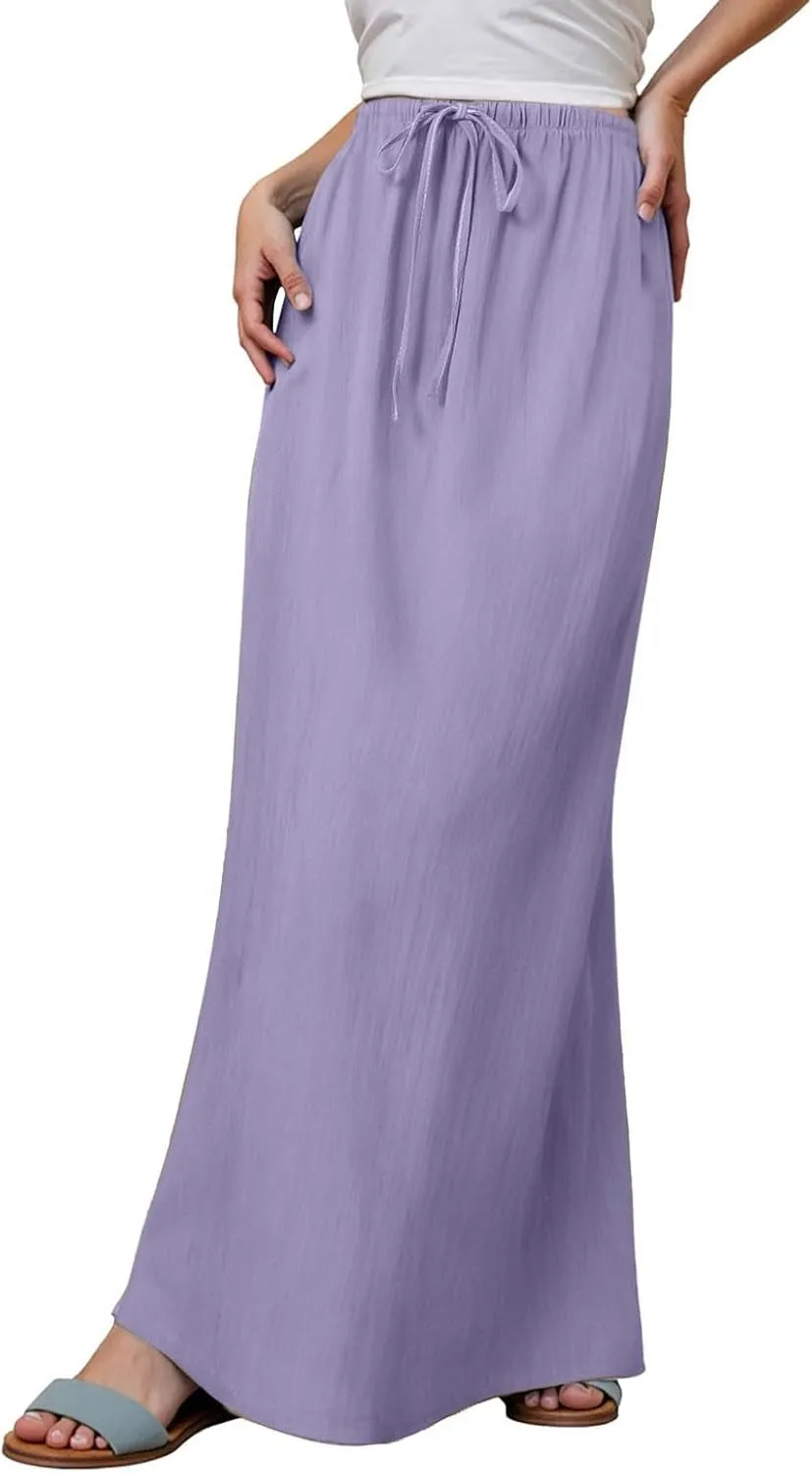 Womens Flared Maxi Skirt Summer Lightweight Drawstring High Waisted Skort Casual Breathable Solid Color A Line Skirt