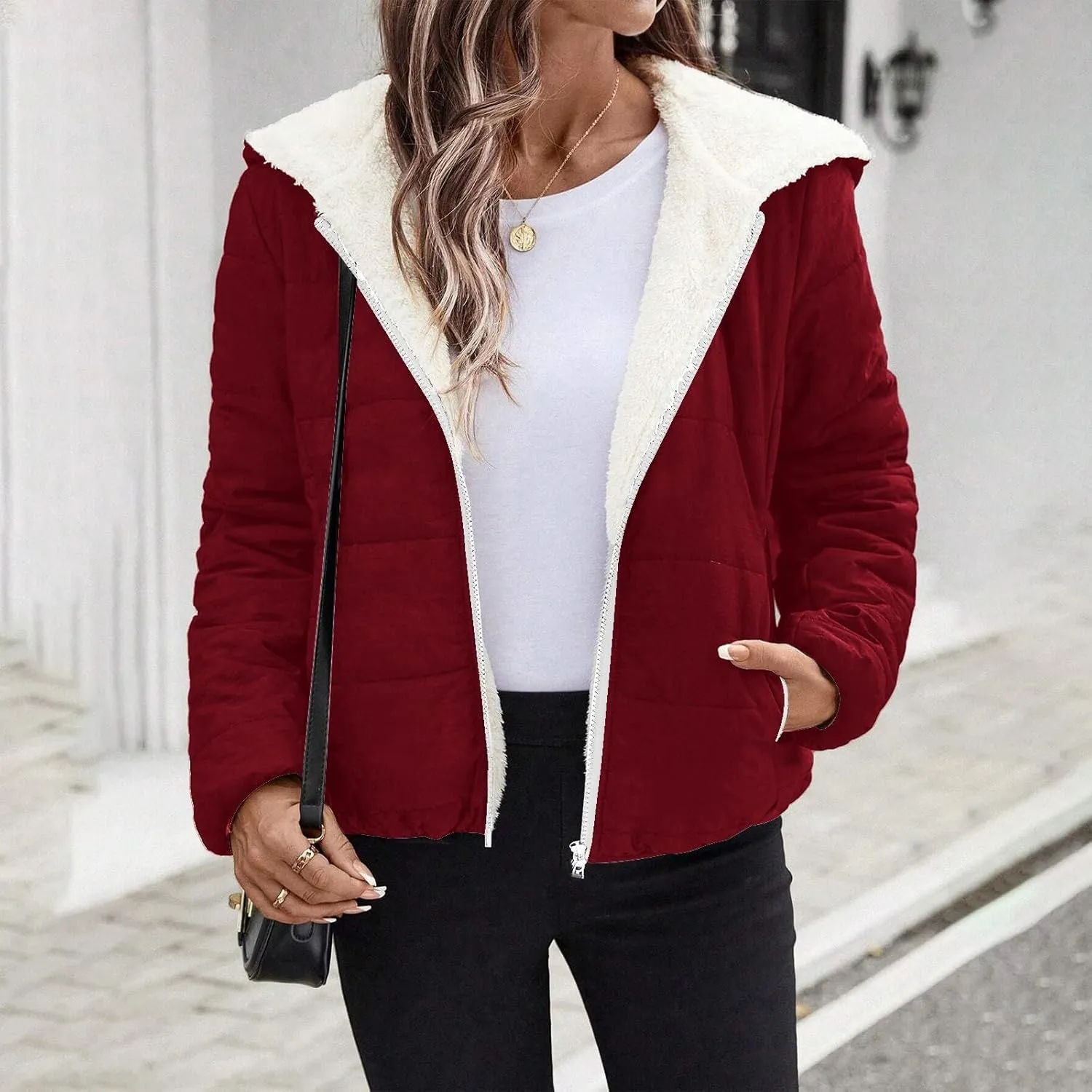 Womens Fleece Sherpa Lined Jackets Casual Full Zip Up Hoodie Loose Fit Sweatshirt Jacket Coat