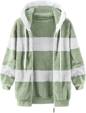 Women'S Fleece Zip Up Jacket Zipper Pocket Plush Sweater Jacket With Hood Insulated Winter Jackets For Women Fleece