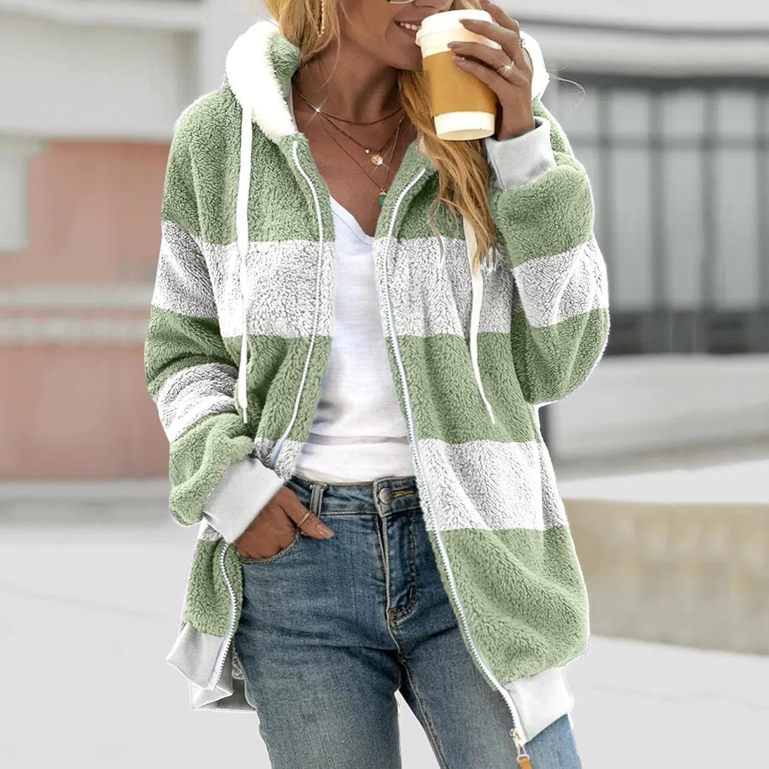 Women'S Fleece Zip Up Jacket Zipper Pocket Plush Sweater Jacket With Hood Insulated Winter Jackets For Women Fleece