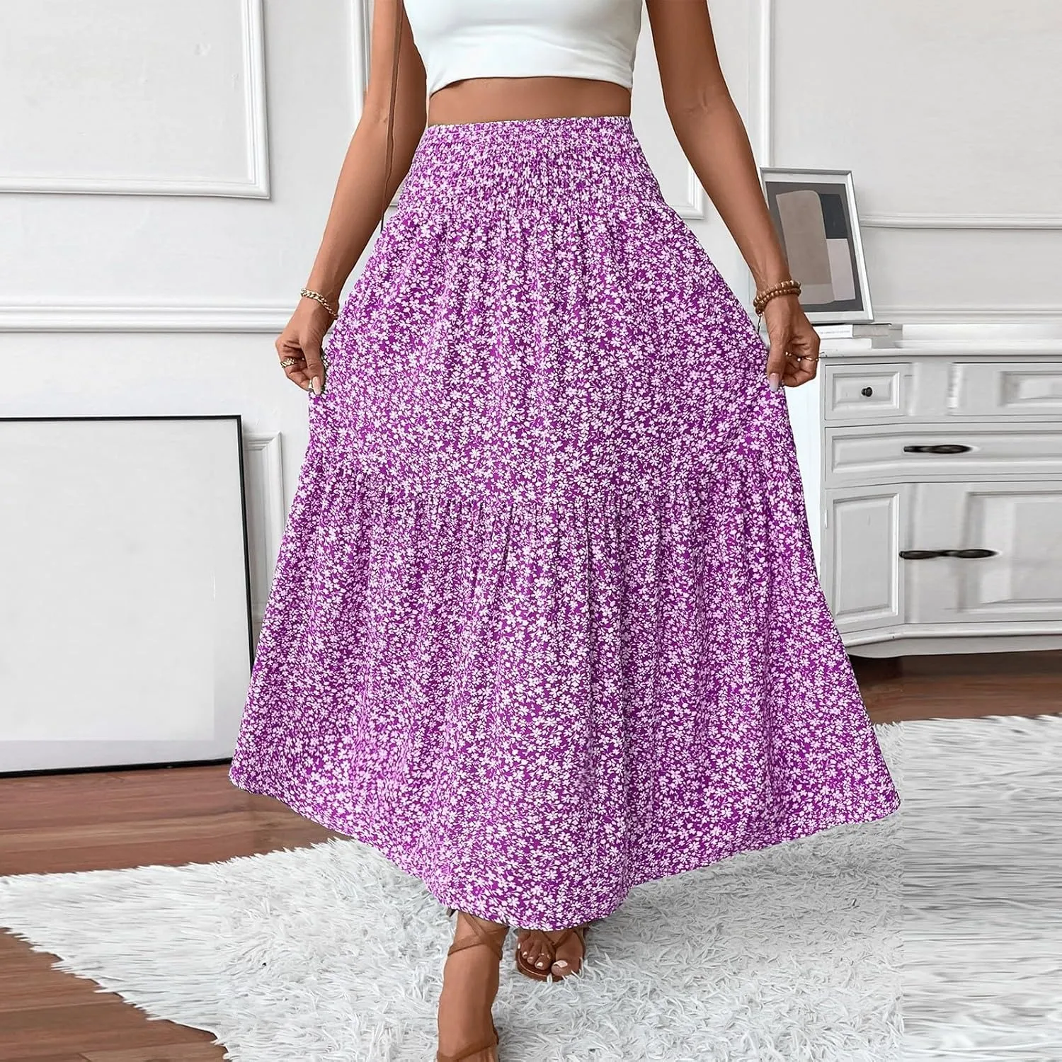 Women's Floral Maxi Skirt Casual Summer Elastic High Waisted Skirts Tiered Flowy Swing A Line Long Skirts with Pockets