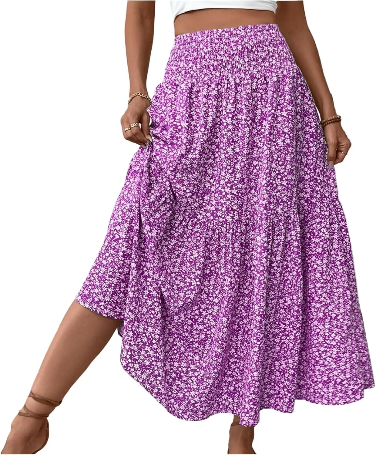 Women's Floral Maxi Skirt Casual Summer Elastic High Waisted Skirts Tiered Flowy Swing A Line Long Skirts with Pockets