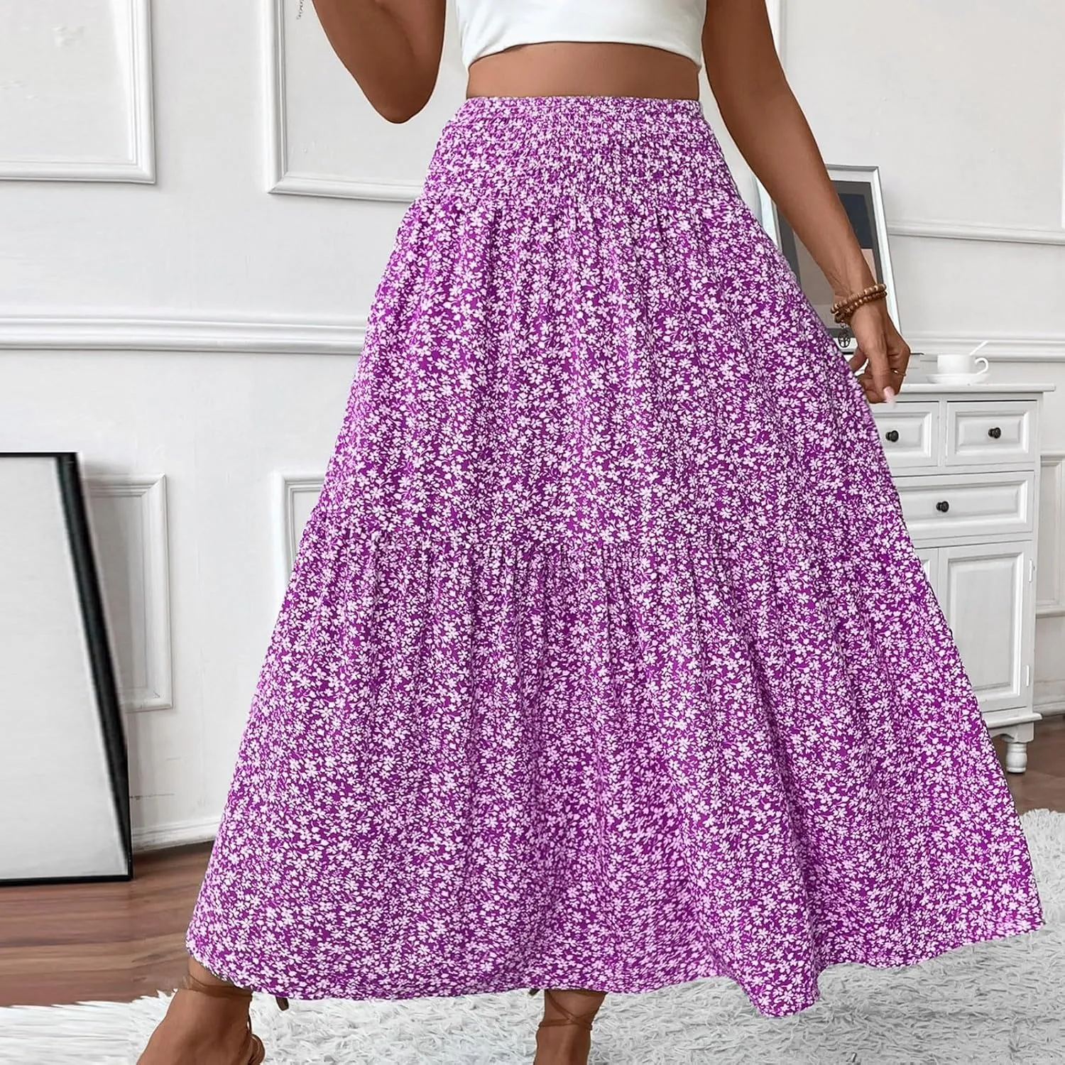 Women's Floral Maxi Skirt Casual Summer Elastic High Waisted Skirts Tiered Flowy Swing A Line Long Skirts with Pockets