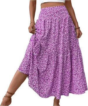 Women's Floral Maxi Skirt Casual Summer Elastic High Waisted Skirts Tiered Flowy Swing A Line Long Skirts with Pockets