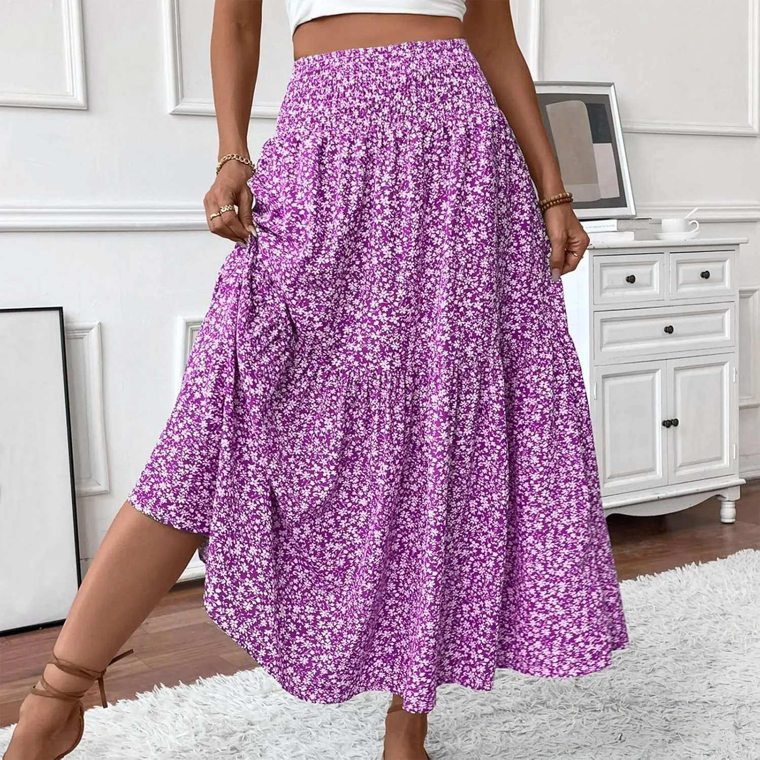 Women's Floral Maxi Skirt Casual Summer Elastic High Waisted Skirts Tiered Flowy Swing A Line Long Skirts with Pockets