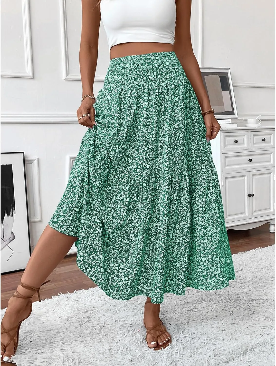 Women's Floral Maxi Skirts Summer Print Elastic High Waisted Ruffle Hem Skorts Casual Flowy Boho Long Beach Skirts