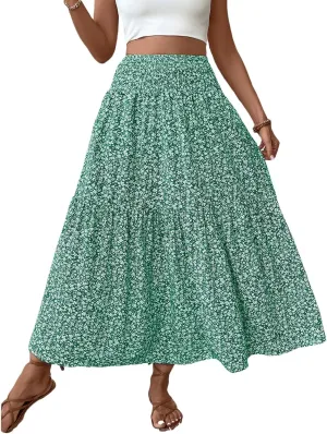 Women's Floral Maxi Skirts Summer Print Elastic High Waisted Ruffle Hem Skorts Casual Flowy Boho Long Beach Skirts