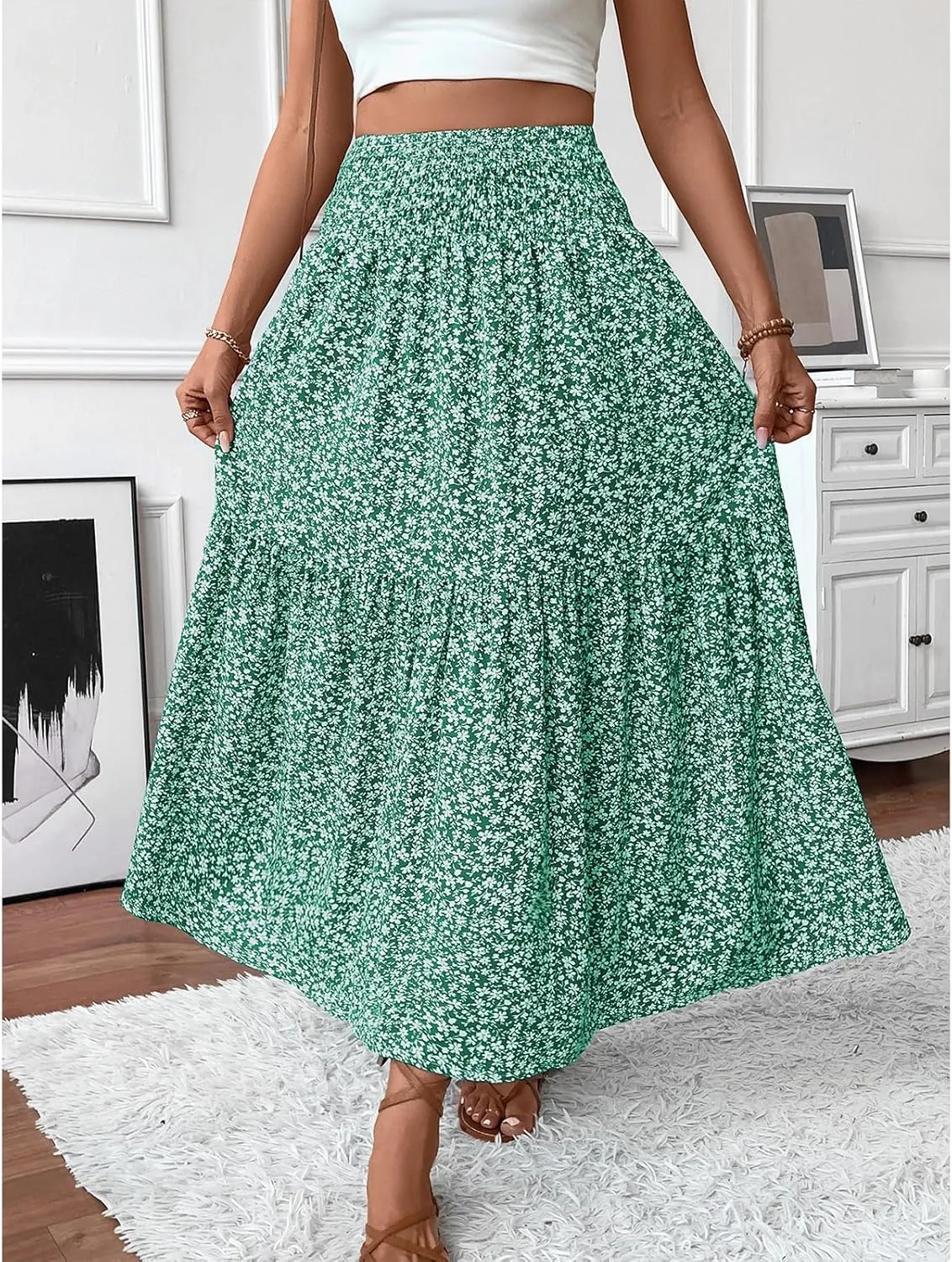 Women's Floral Maxi Skirts Summer Print Elastic High Waisted Ruffle Hem Skorts Casual Flowy Boho Long Beach Skirts