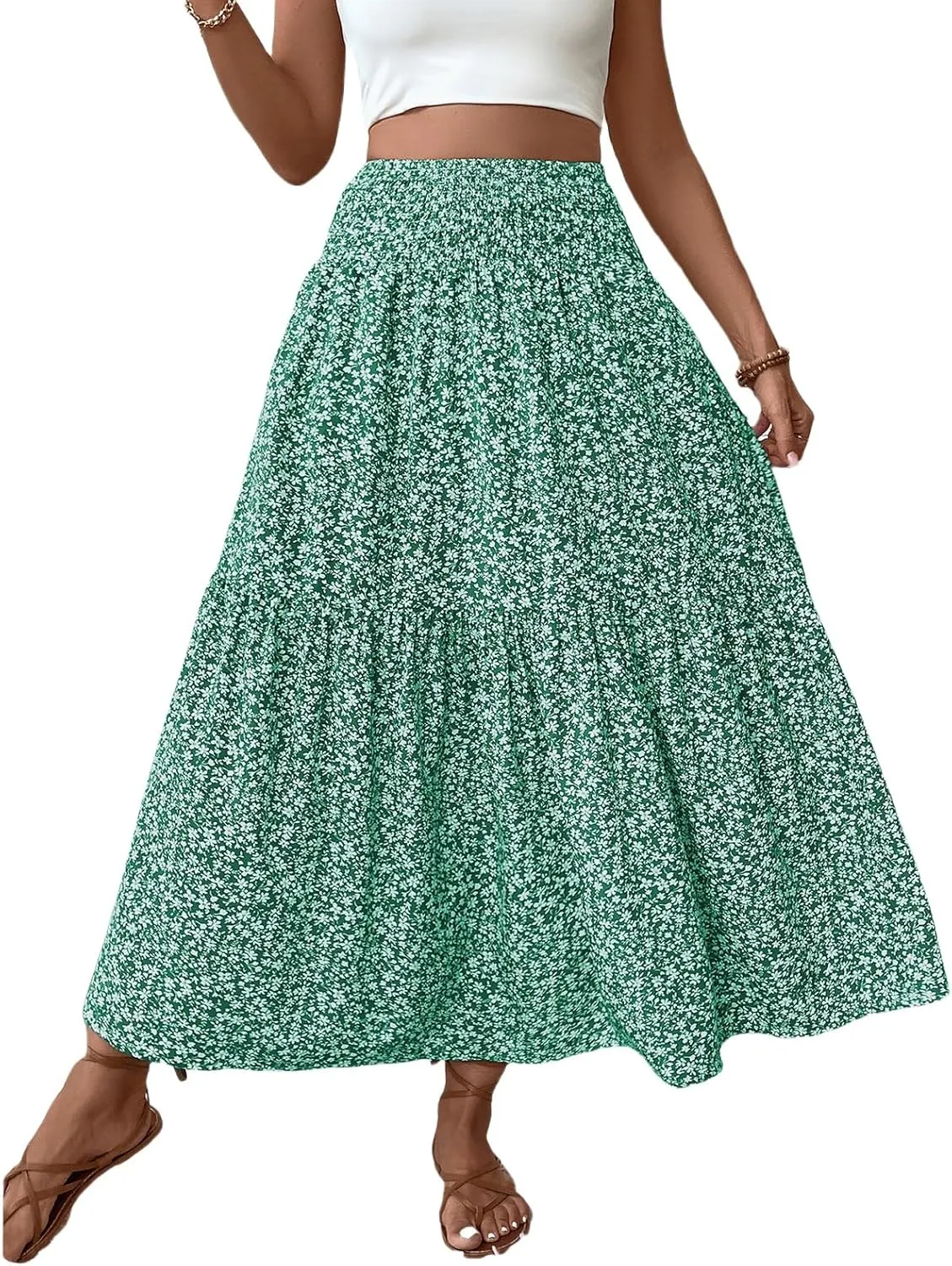 Women's Floral Maxi Skirts Summer Print Elastic High Waisted Ruffle Hem Skorts Casual Flowy Boho Long Beach Skirts