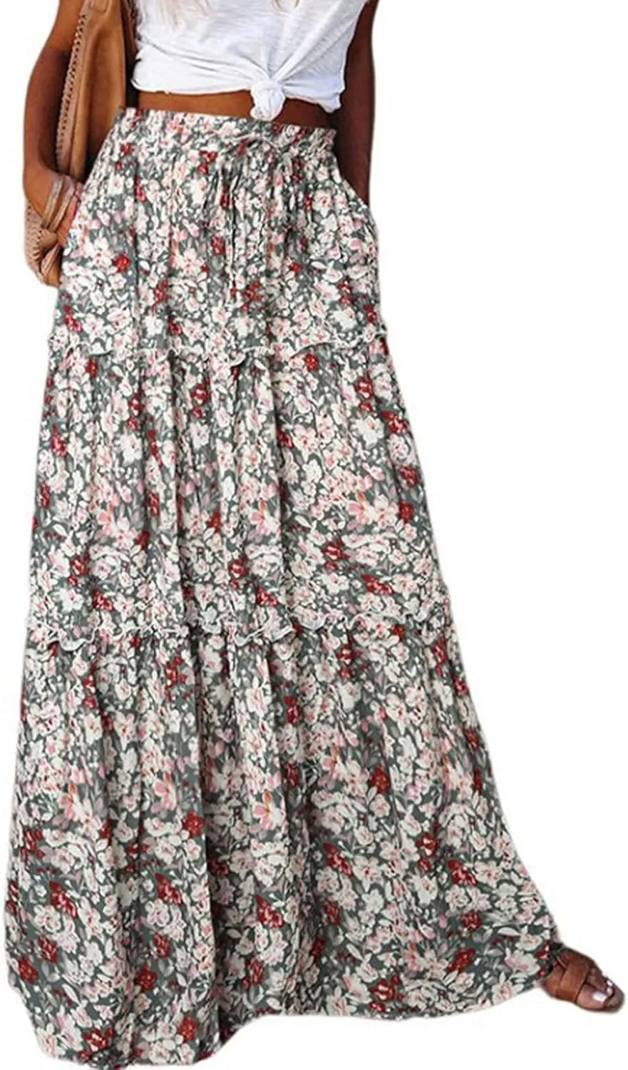 Womens Floral Print Boho Maxi Skirt Casual High Waist Tie Paisley Print Long Maxi Skirt Summer Beach Flowy Skirts