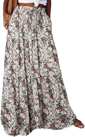 Womens Floral Print Boho Maxi Skirt Casual High Waist Tie Paisley Print Long Maxi Skirt Summer Beach Flowy Skirts
