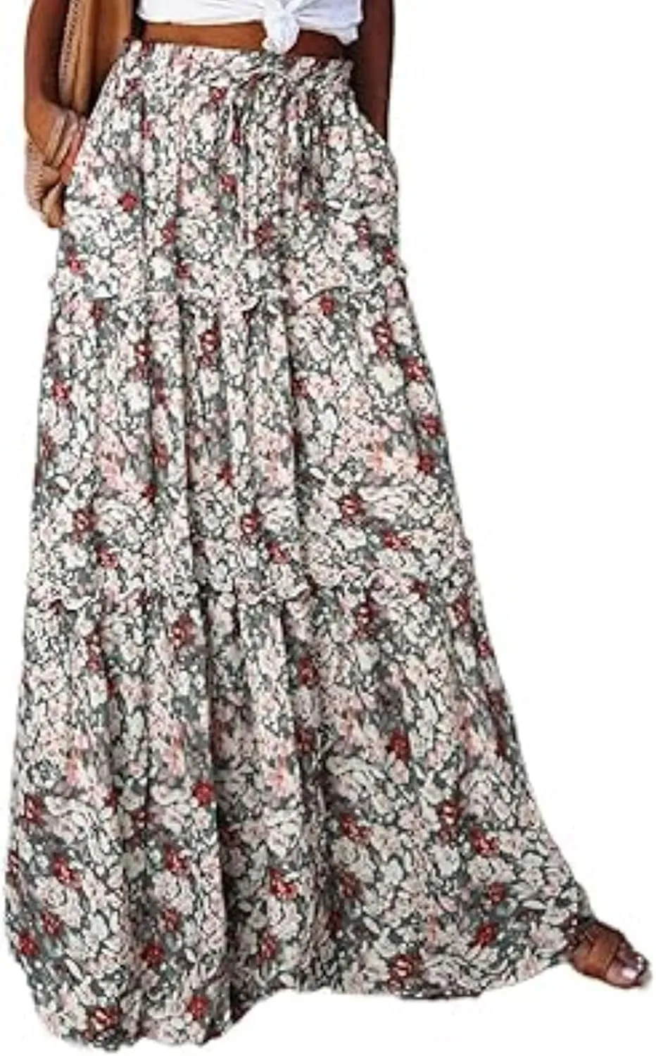 Womens Floral Print Boho Maxi Skirt Casual High Waist Tie Paisley Print Long Maxi Skirt Summer Beach Flowy Skirts
