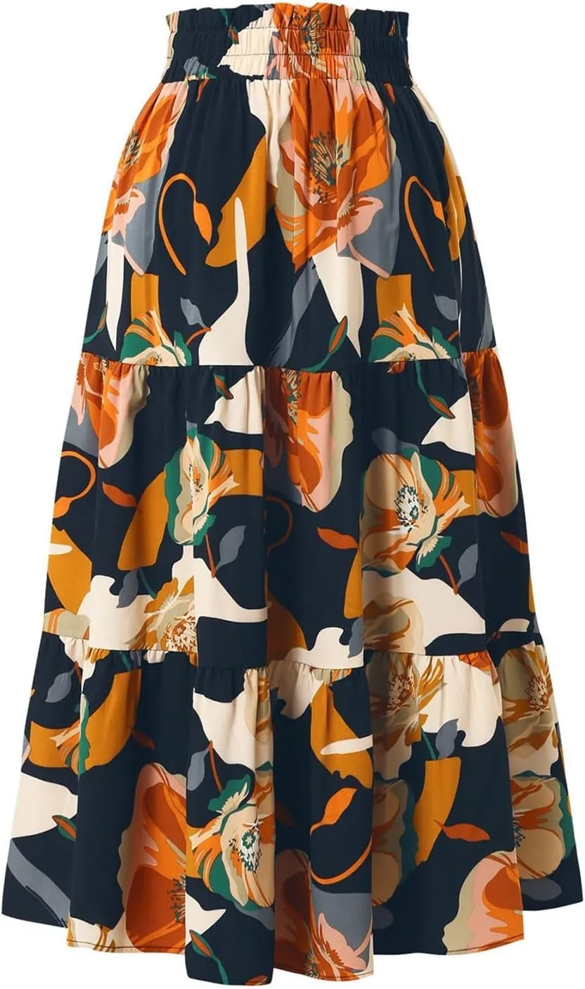 Womens Floral Print Elastic Waist Ruffle Midi Tiered Skirt High Waist Pleated A-Line Flared Maxi Skirts Summer Boho Skirts