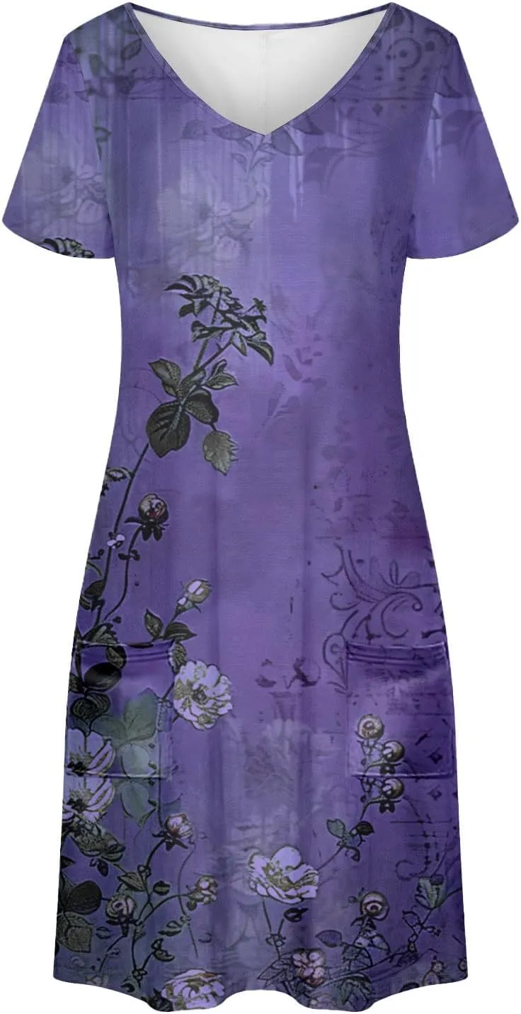 Women's Floral Printed Summer Dresses 2025 Trendy Casual Short Dress V Neck Loose Flowy Spring Dress