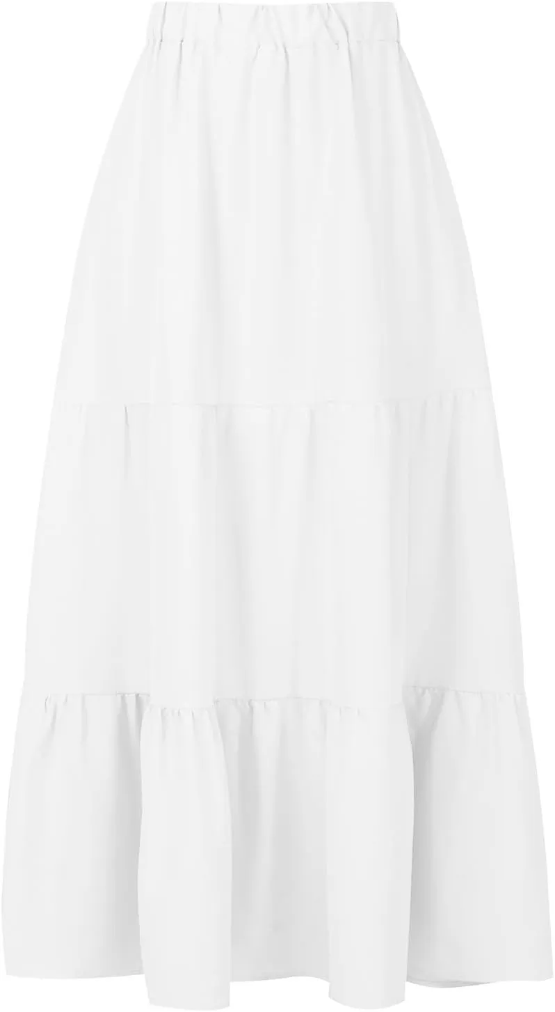 Women's Flowy Maxi Skirt 2025 Summer Ruffle High Waisted A-Line Skirts Casual Solid Long Pleated Skirt with Pockets