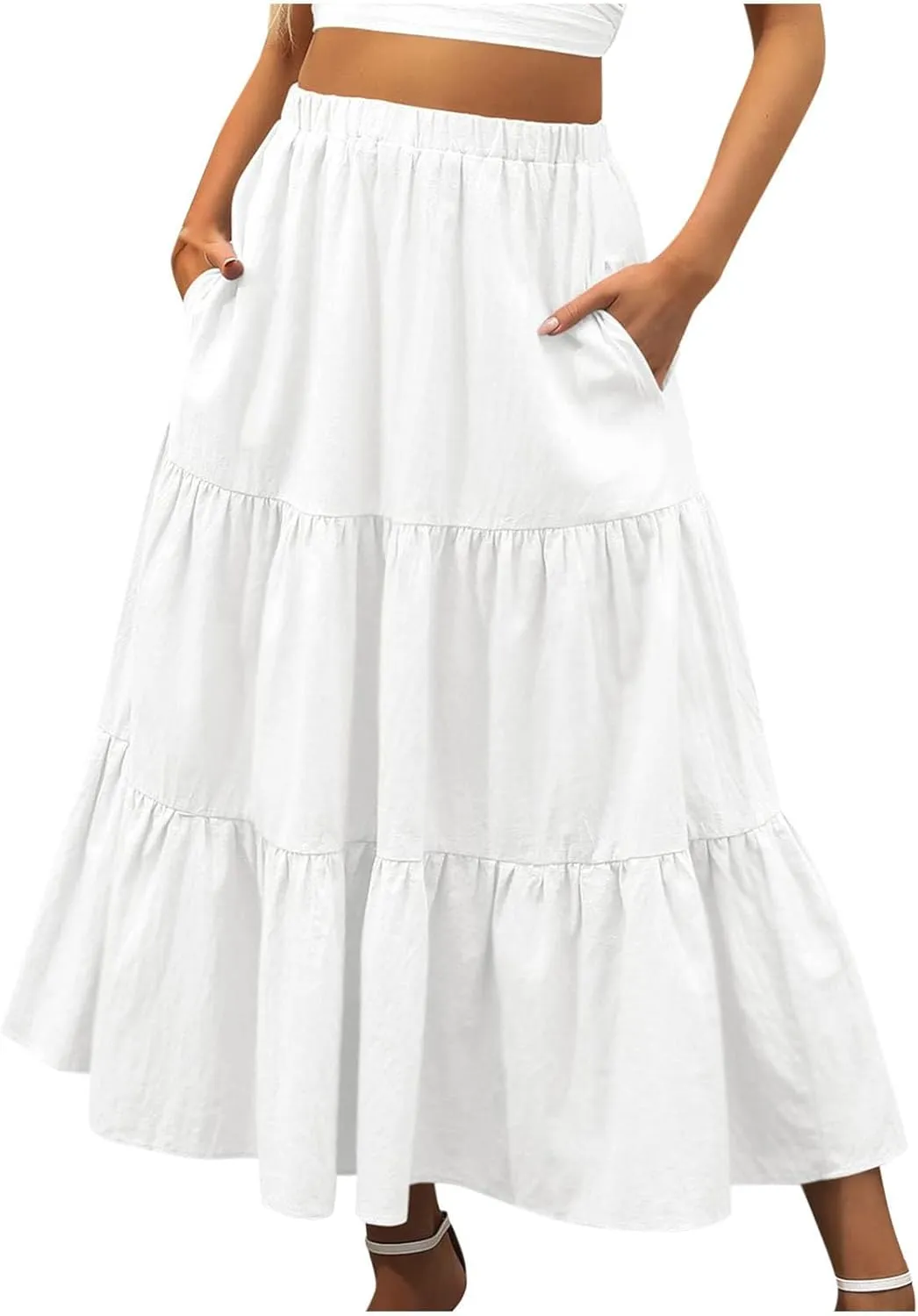 Women's Flowy Maxi Skirt 2025 Summer Ruffle High Waisted A-Line Skirts Casual Solid Long Pleated Skirt with Pockets