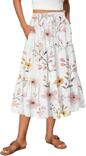 Women's Flowy Midi Skirt 2025 Summer High Waisted Tie Print Smocked Beach Long Skirts with Pockets, S-2XL