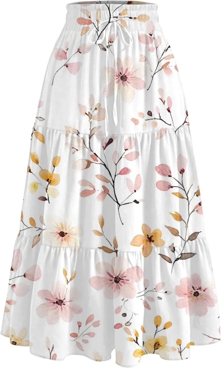 Women's Flowy Midi Skirt 2025 Summer High Waisted Tie Print Smocked Beach Long Skirts with Pockets, S-2XL