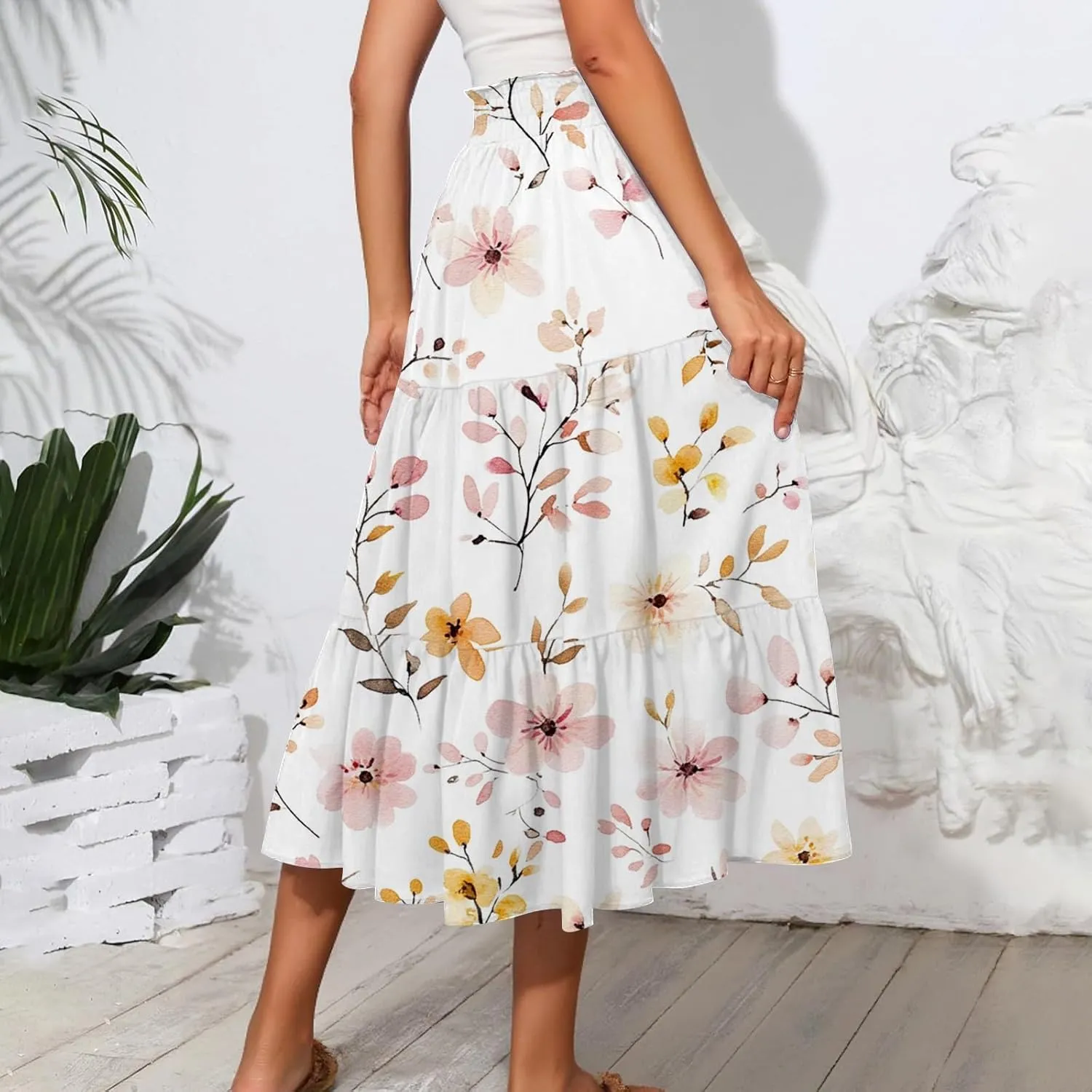 Women's Flowy Midi Skirt 2025 Summer High Waisted Tie Print Smocked Beach Long Skirts with Pockets, S-2XL