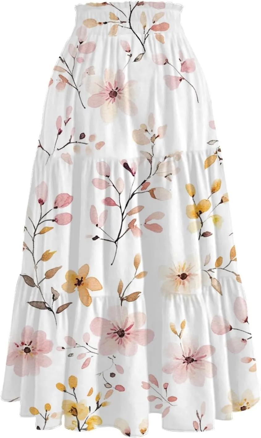 Women's Flowy Midi Skirt 2025 Summer High Waisted Tie Print Smocked Beach Long Skirts with Pockets, S-2XL