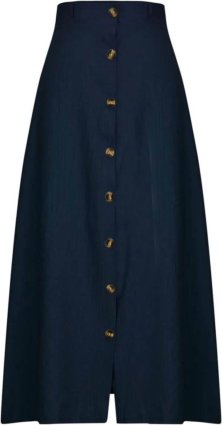 Womens Flowy Summer Skirts Button Front A Line Skirts High Rise Midi Beach Skirt Loose Fit Casual Skirts Cruise Wear