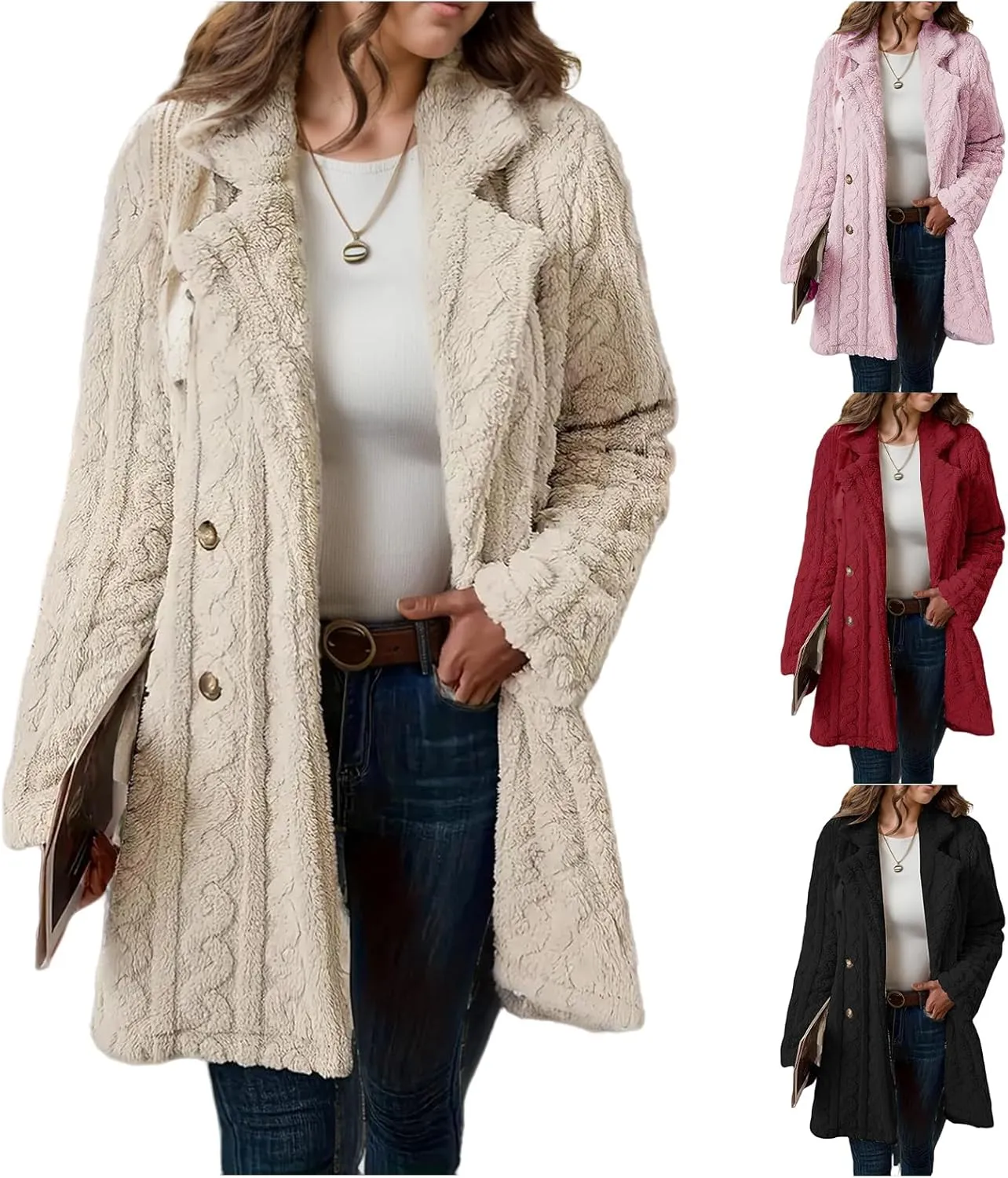 Womens Fuzzy Fleece Jacket Winter Warm Lapel Double Breasted Sherpa Coat Chunky Cable Knit Cardigan Blazer Sweaters