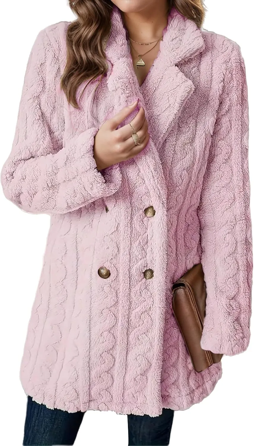 Womens Fuzzy Fleece Jacket Winter Warm Lapel Double Breasted Sherpa Coat Chunky Cable Knit Cardigan Blazer Sweaters